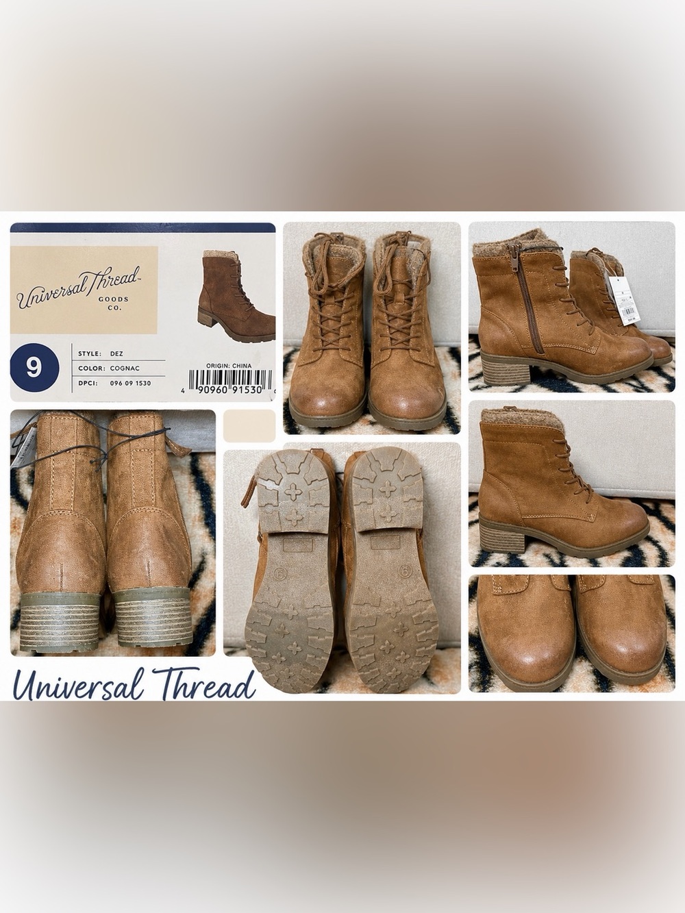 NWT Universal Thread “Dez” Cognac Lace-Up Ankle Boots | Women’s Size 9 | Cozy